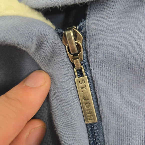 Y2K St John Sport Blue Knit Jacket Shearling Collar Asymmetrical Zip Size Medium - Picture 5 of 11